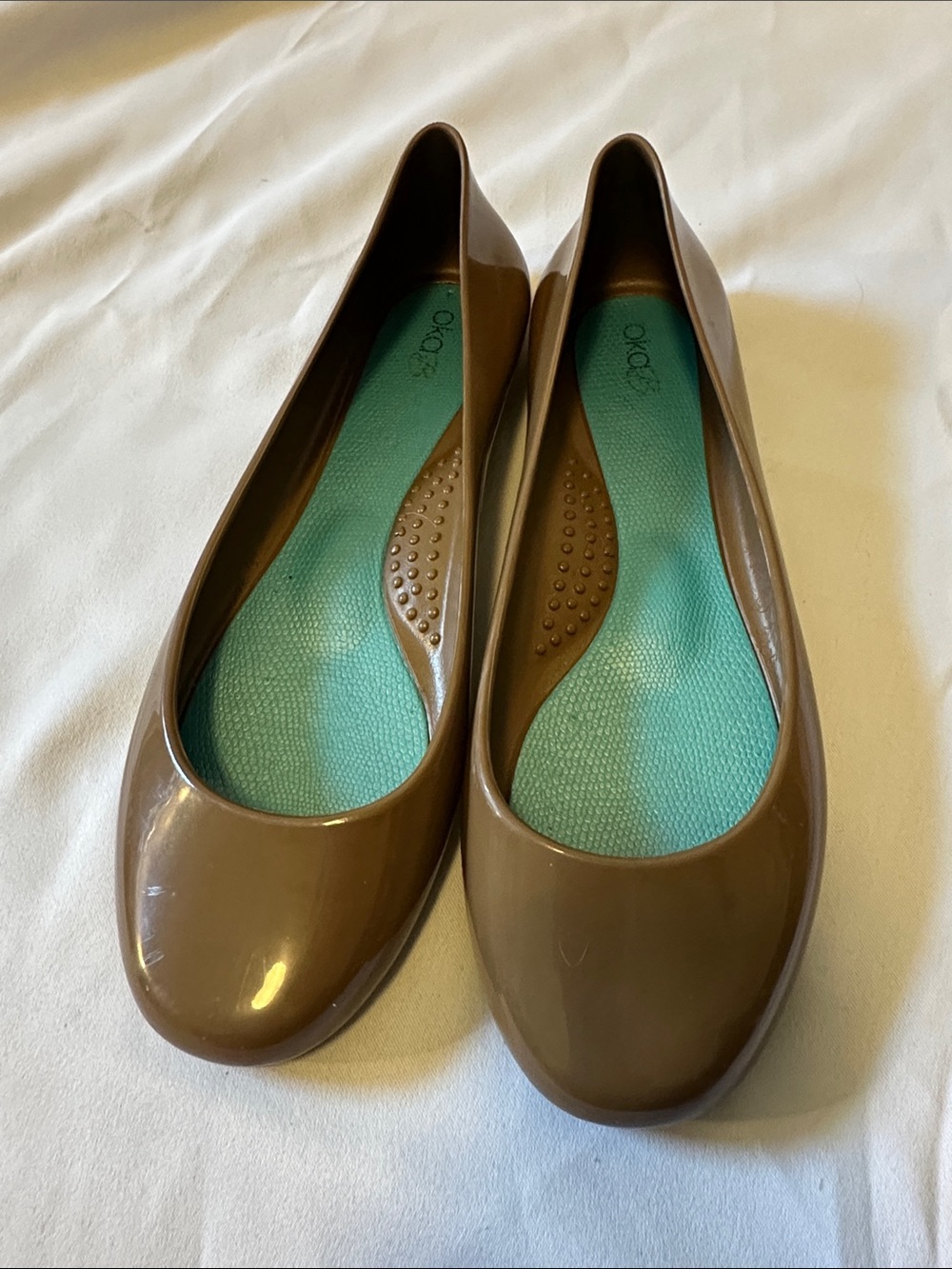 OKA b. Brown Patent Ballet Flats with Teal Insole